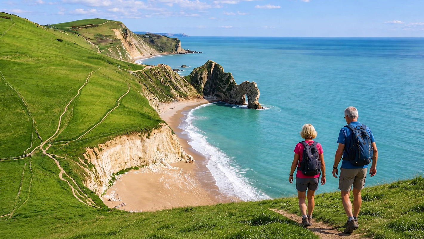 Two walkers looking over Durdle Door, its sandy beach and turquoise sea
